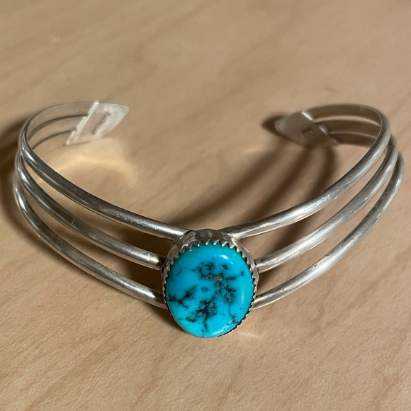 Native American Billy Slim Sterling & Turquoise Signed Cuff 15g - Picture 1 of 9